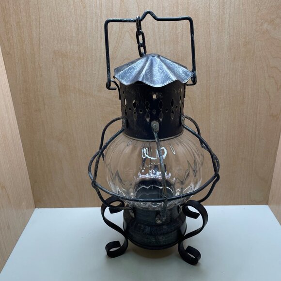 Rare Antique-Style 3 Piece Black Metal & Glass Lantern With Decorative Stand and - Picture 2 of 16